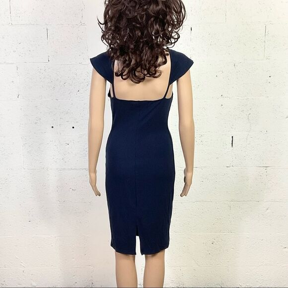Reformation Navy Blue Ribbed Square Neck Knit Cap Sleeve Mini Shirt Dress M - Picture 5 of 9